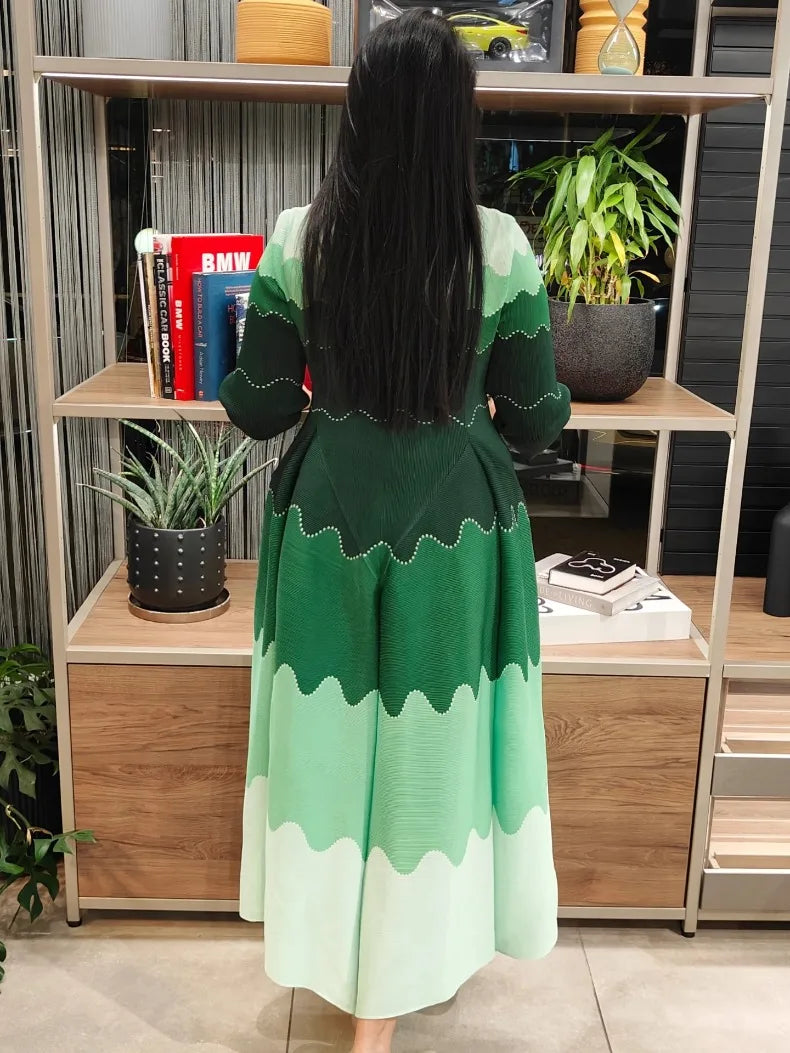 EGRM Pleated Party Dress Women's High Quality Beaded Color Block Long Sleeve Loose Fit Flared Maxi Evening Dresses 9R5303