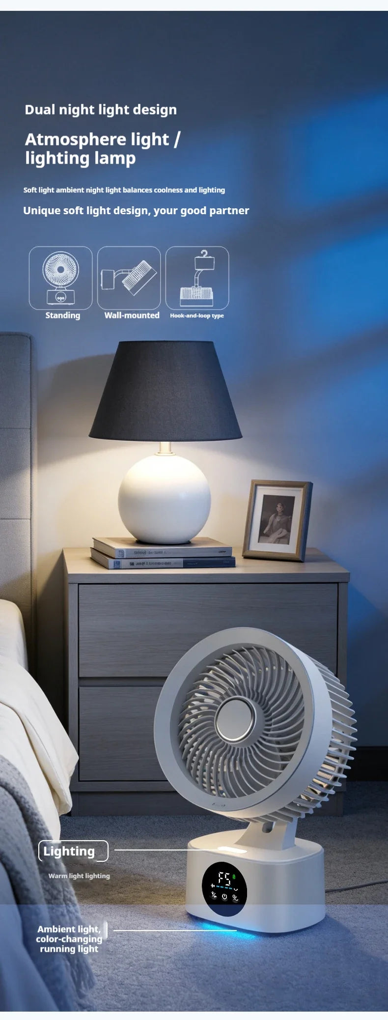 HOMEFISH USB Rechargeable Wall‑mounted Fan Foldable Swivel Portable Fan Built‑in Night Light Household Air Cooling Fan