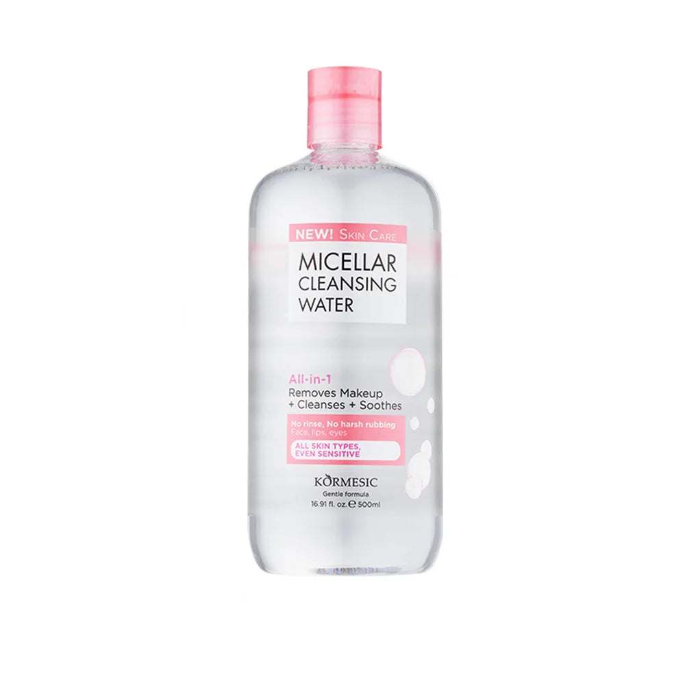 KORMESIC Micellar Water 500ml – Vit C Brightening / HA Hydrating, Removes + Cleanses, No Rinse, Face/Lips/Eyes