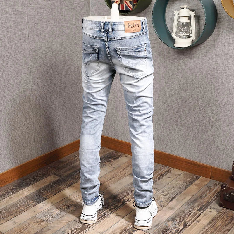 Streetwear Fashion Men Jeans Retro Light Blue Elastic Slim Fit Ripped Jeans Men Embroidery Designer Vintage Casual Denim Pants