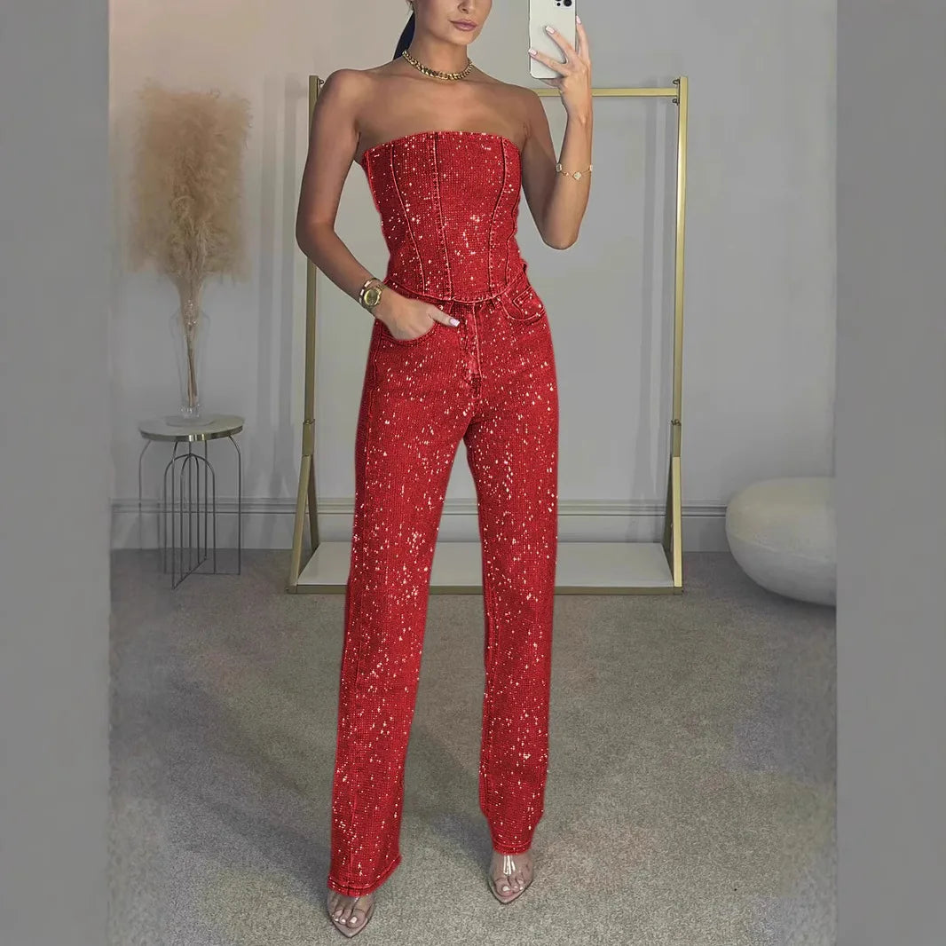 Denim Pant Set Women Two Piece Sets Sexy Strapless Sleeveless Tops Long Pants High Waist Y2k Streetwear Elegant Work 2026