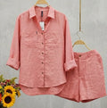 Summer Autumn Cotton Linen Casual Home 2 Piece Set For Women  Fashion Long Sleeve Shirt And Shorts Two Piece Sets Tracksuit