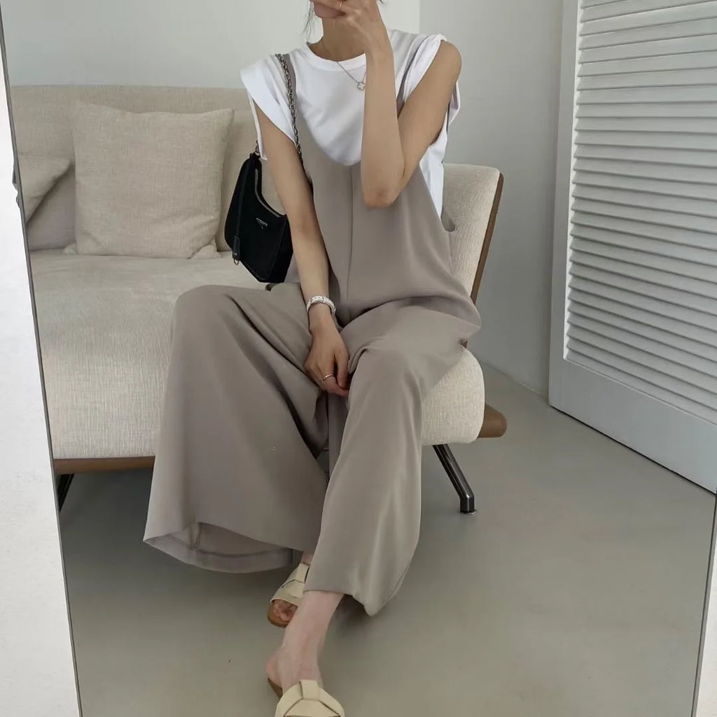 Versatile Loose Fit Slimming Shoulder Strap Pants Casual Pants Jumpsuit 2 Colors Drapey Comfortable Mid-aged Women's Pants