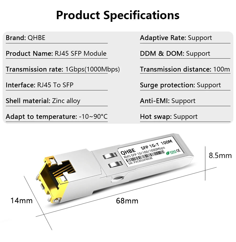 Copper RJ45 SFP Module 1G Adaptive transmission rate For Mikrotik/Cisco Switch/Router/Server, 1000BASE-T SFP To RJ45 Transceiver