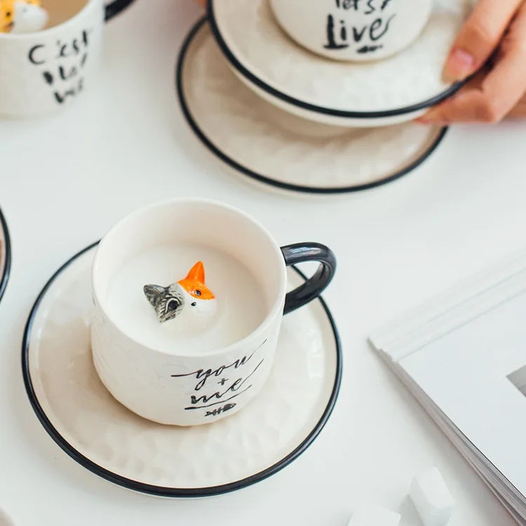 Modern Cartoon Cute Cat Ceramic Coffee Cup with Saucer Cute Cat Animal Porcelain Mug for Kids Birthday Gift Breakfast Milk Mug