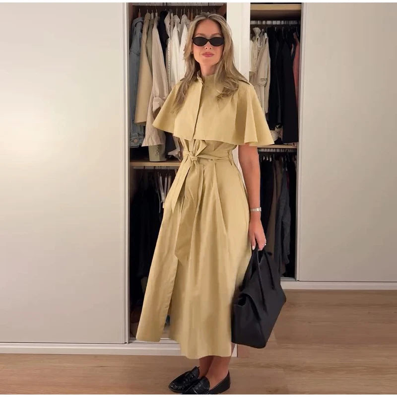 Women's Trench Style Midi Dress Stand Collar Cape Overlay Short Sleeve Belted Waist A‑Line Dresses Autumn Elegant Office Outfits