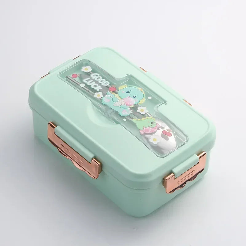 Cartoon Pattern Lunch Box for Students Three Grids Food Grade Plastic Bento Box with Tableware Microwave Heating Office Meal Box