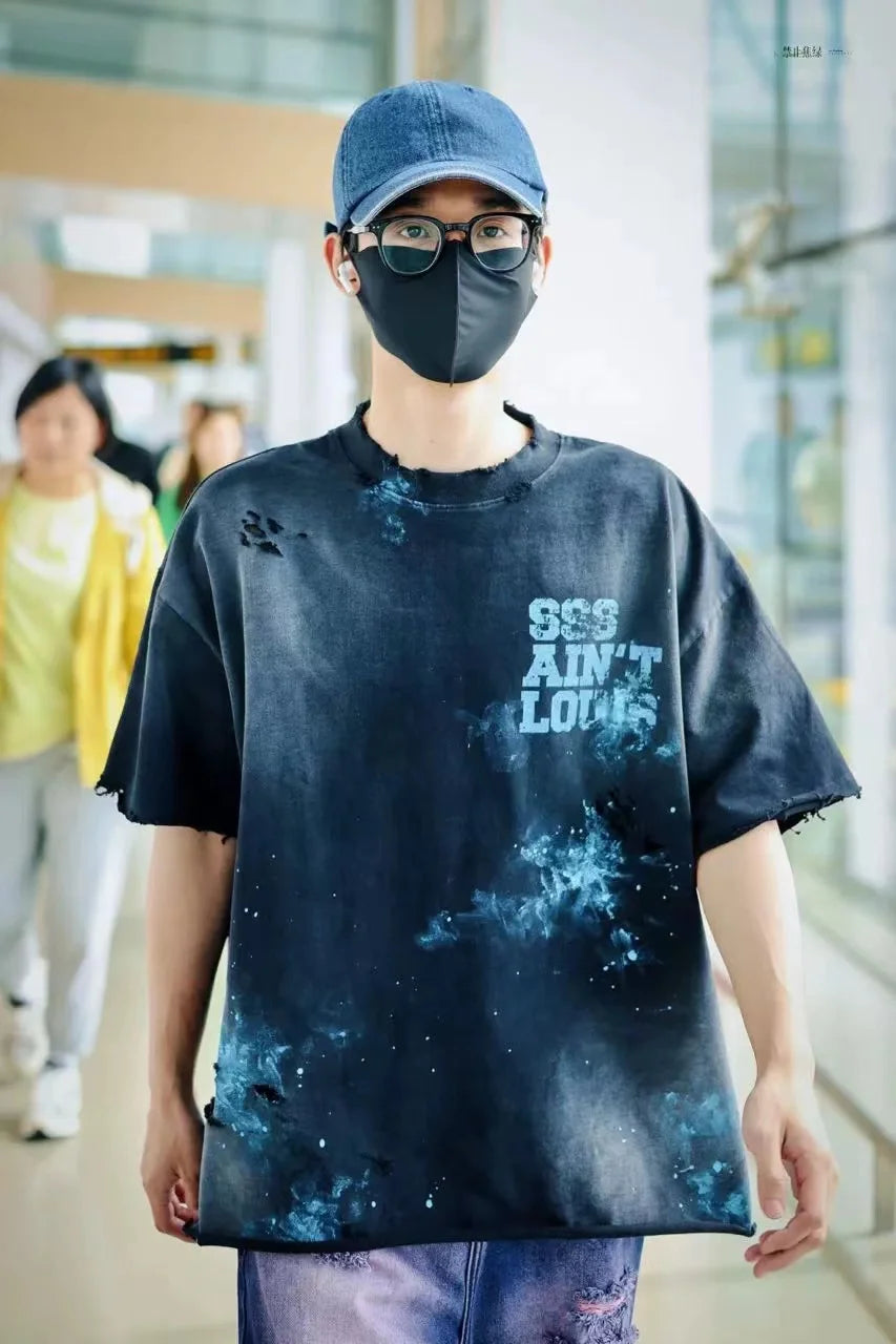 SSSAINT LOUIS Handmade Destruction logo letter print classic vintage summer short-sleeved t-shirt men/women high street cotton