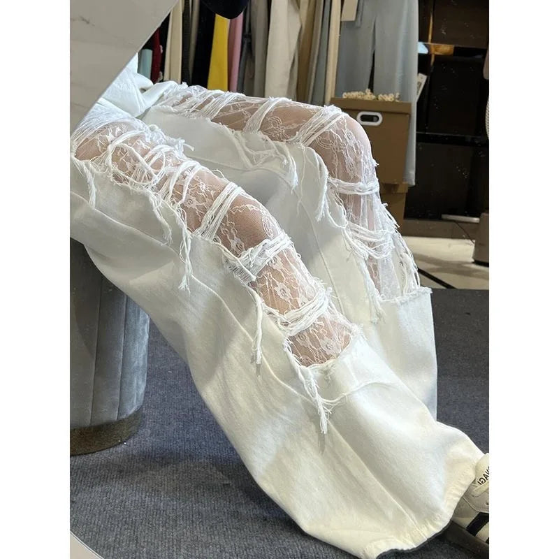 ZHIZOU Women's White Ripped Denim Pants Y2K Harajuku American High Street 2000s Wide Leg Retro Denim Jeans Boyfriend Clothing