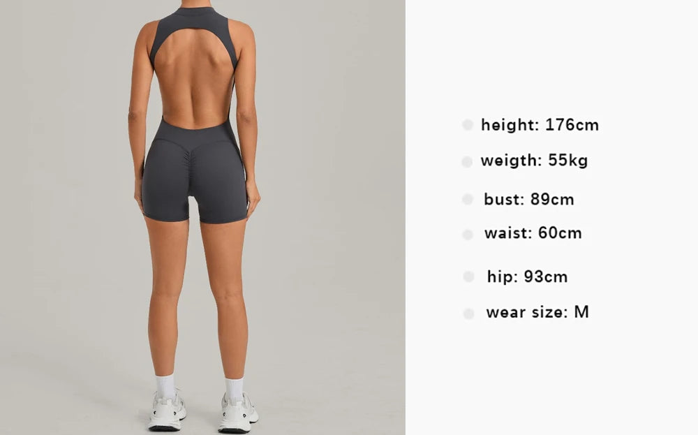 Sexy Hollow Backless Unitard Gym Women Romper Sleeveless Zipper Scrunch Butt Short Jumpsuit for Fitness Sports Short Playsuit