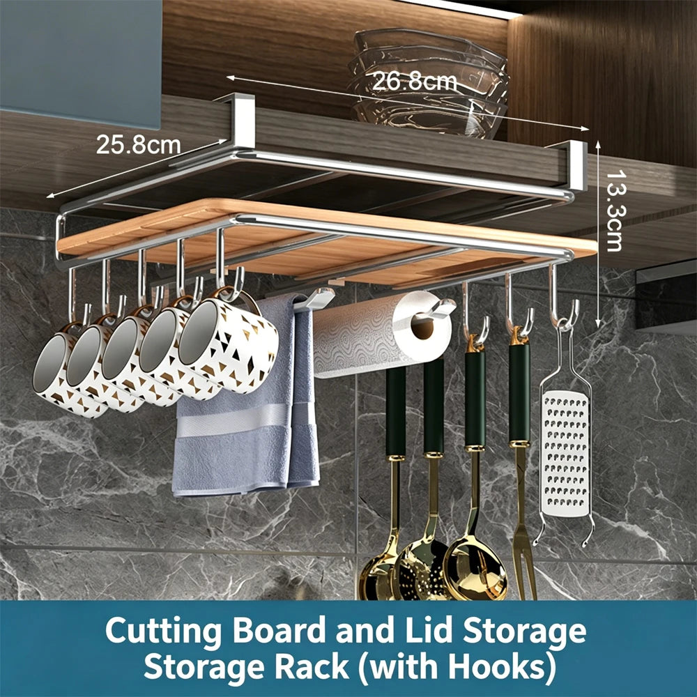 Kitchen Under Cabinet Hanging Organizer Rack with Hooks Multi-Purpose Holder for Paper Towel Cutting Board & Pot Lids