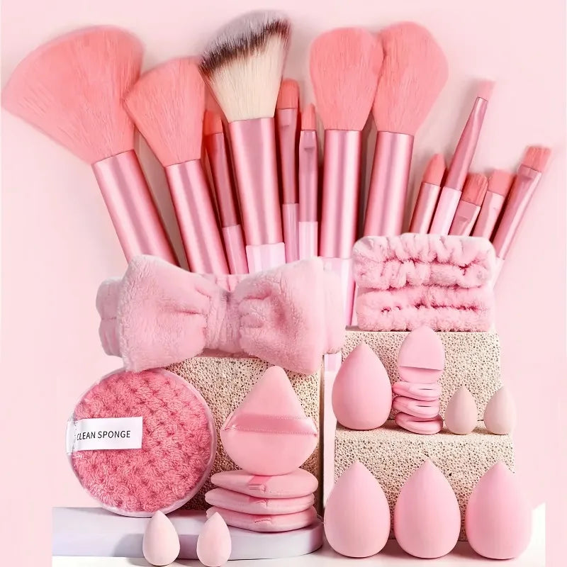 33Pcs Full Makeup Tool Kit, 13 Brushes + Sponges + Finger Puffs + Headband for Face Eye Makeup Daily Touch Ups Travel Kit