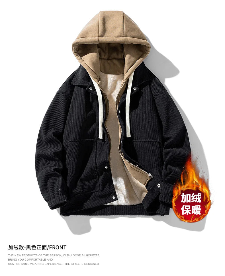 2025 New Corduroy Jacket Men's Harajuku Japanese Windproof Warm Fake Two-piece Hooded Coat Womens Casual Loose Pocket Jacket 4XL