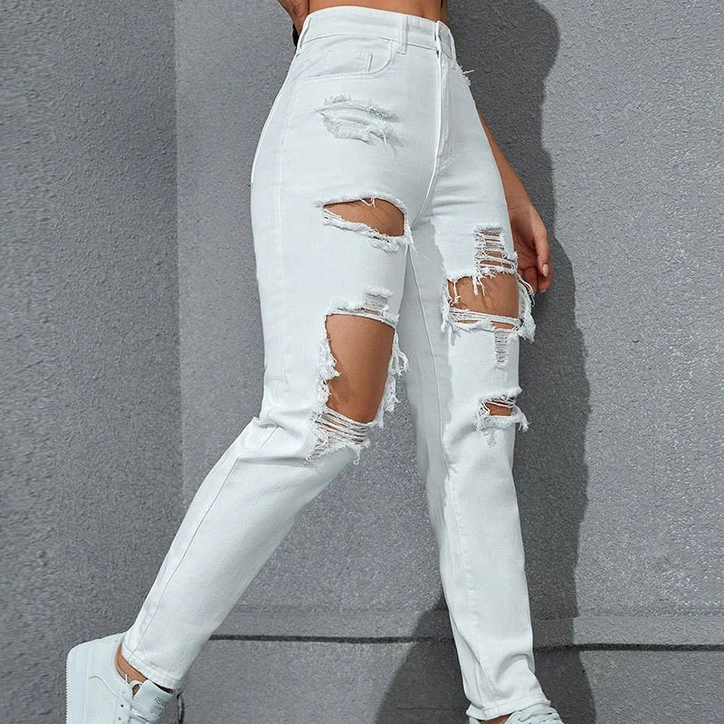 Women's Distressed Straight Leg Jeans Ripped Hole Denim Pants Casual Loose High Waist Street Style Trousers