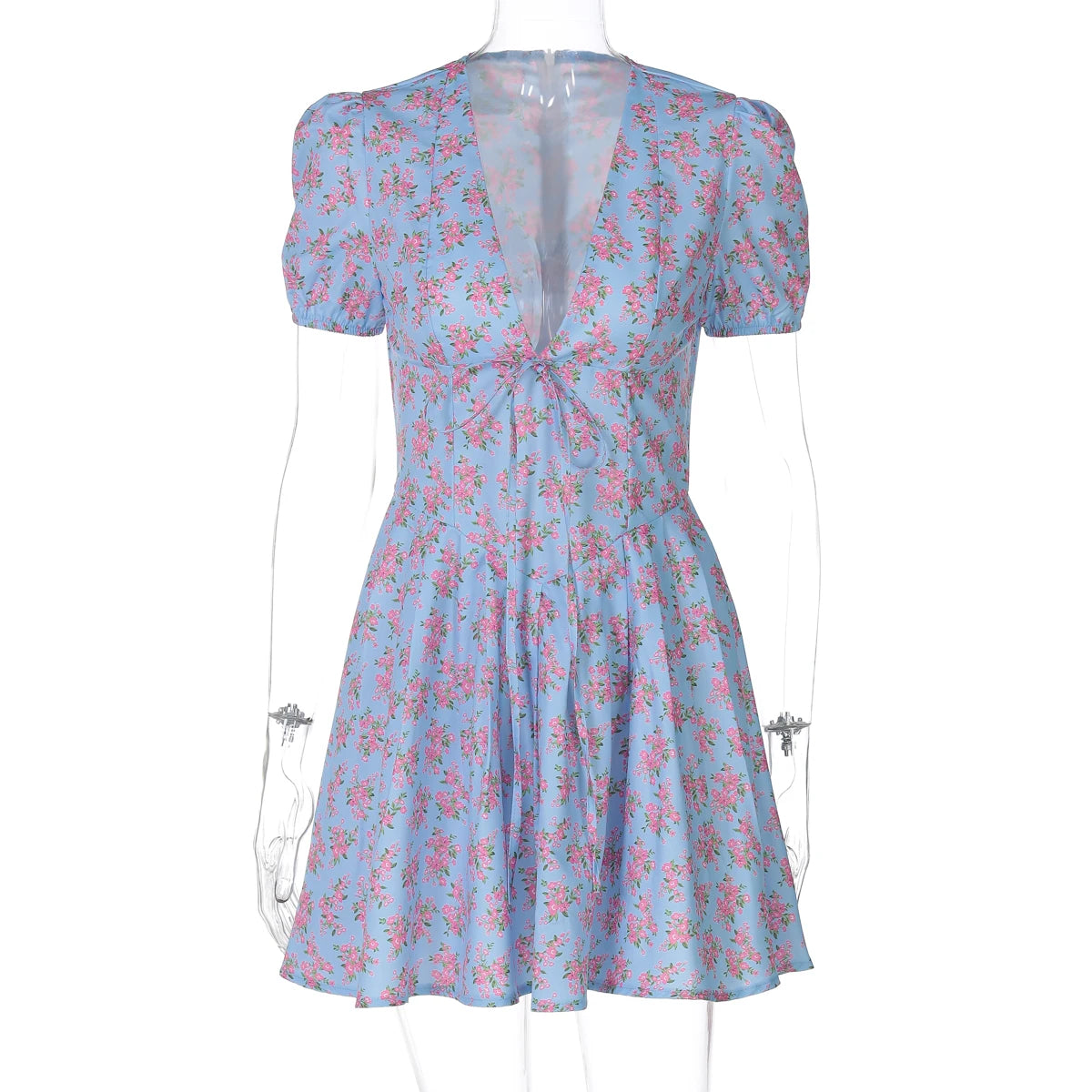 Hugcitar 2026 Floral Print V Neck Short Sleeve Lace Up Zip Up Sexy Slim Pleated Mini Dress Summer Elegant Outfits Party Vacation