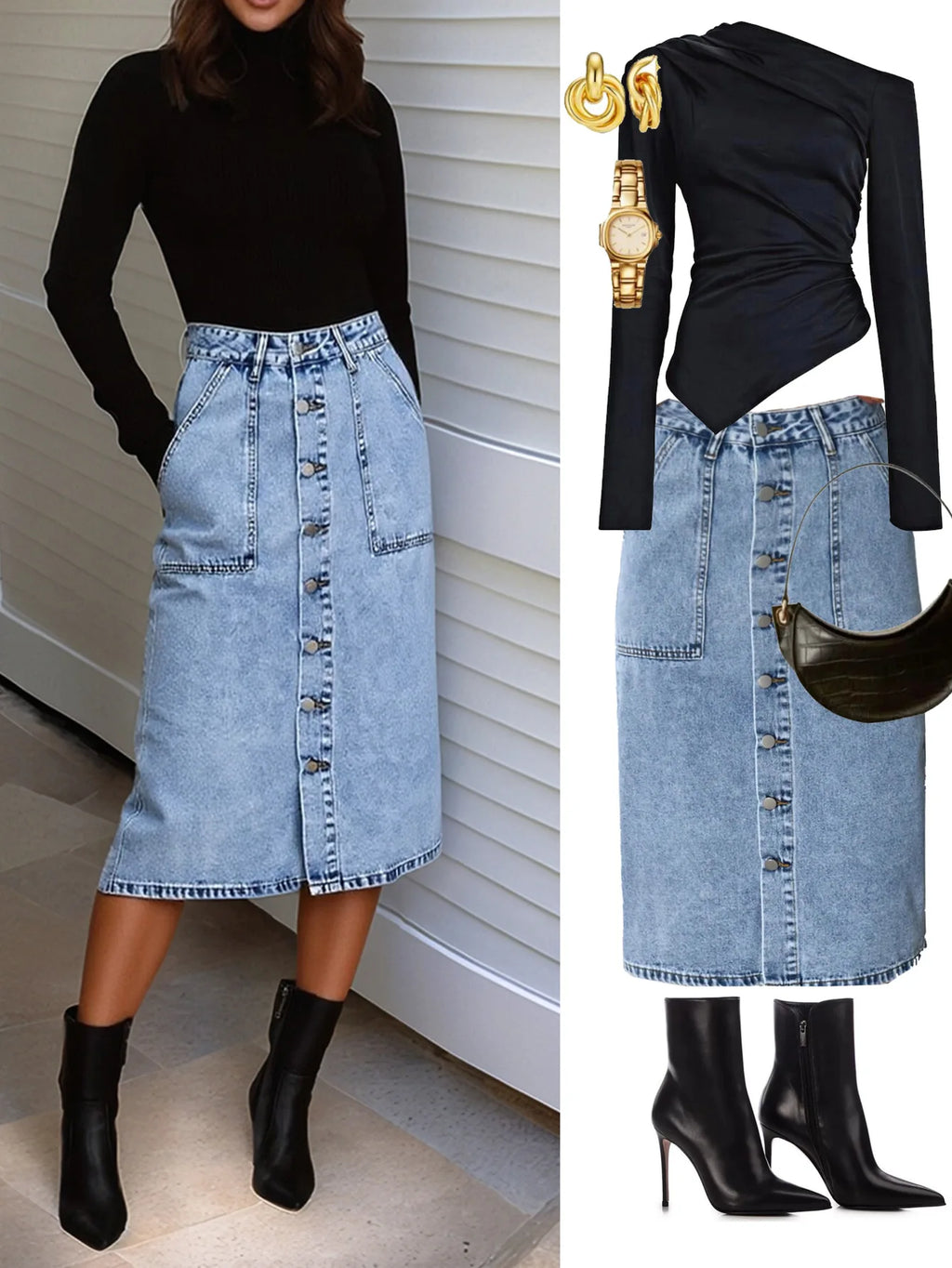 European Beautiful Woman High Waist Elastic Medium and Long Denim Skirt, Thin Split Fork Over Knee Hip Wrap One Step Skirt