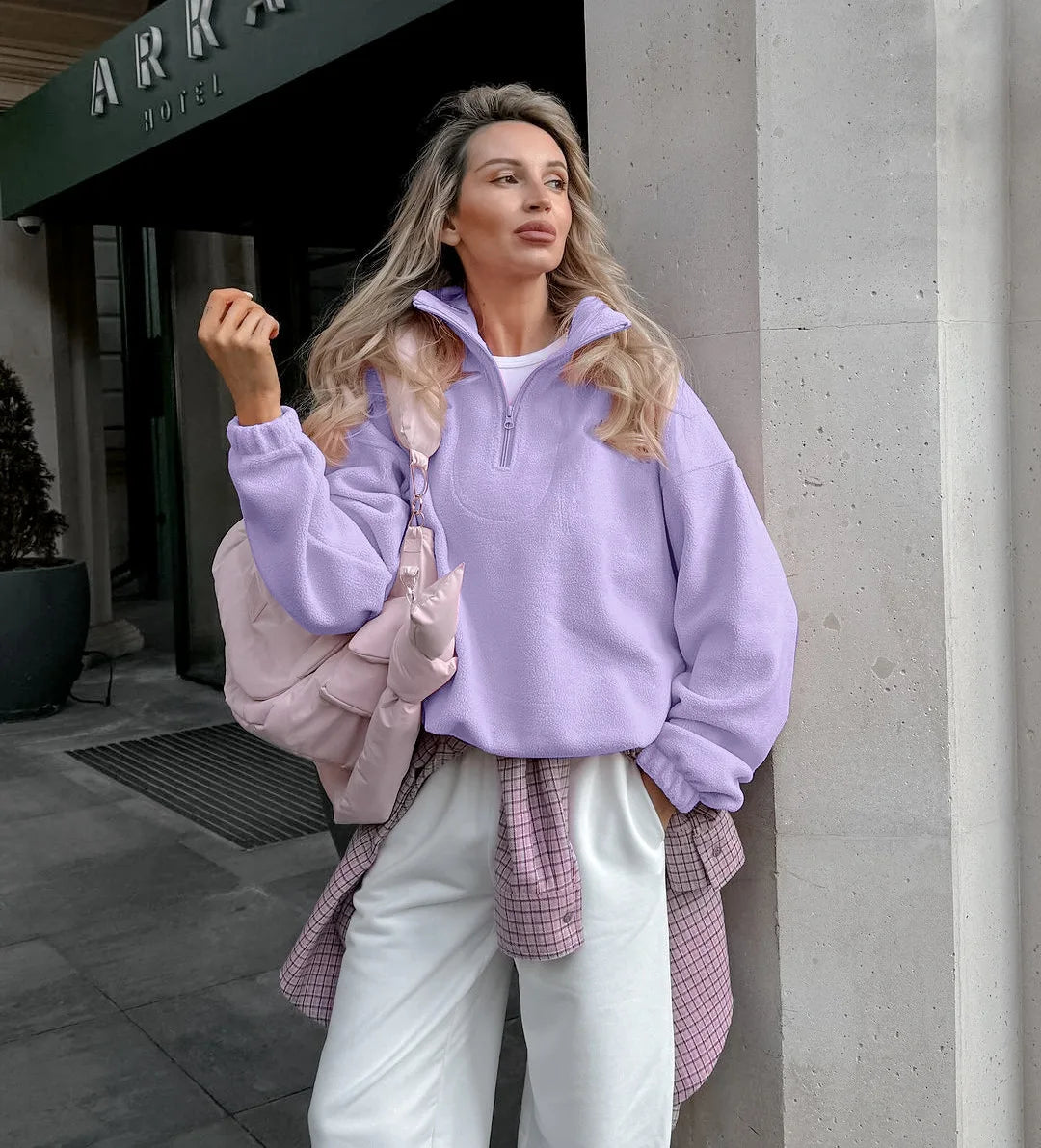 Women Autumn Winter Fleece Hoodies Elegant Stand Collar Zipper Loose Sweatshirt Elegant Solid Pullover Casual Top Streetwear