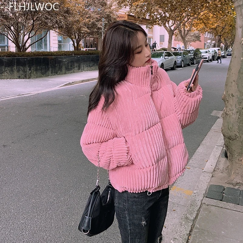 Corduroy Cotton 2025 Winter Turtleneck Warm Outerwear Coats Cake Korean Style Cute Girls Short Down Jacket Short Women Parkas