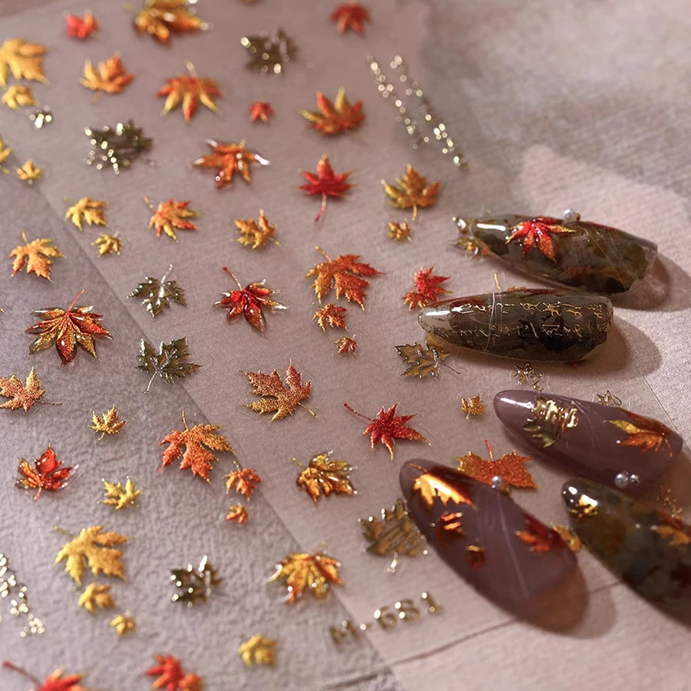 1pcs Autumn Gold Red Maple Leaf Nail Sticker 5D Embossed Jelly Maple Leaves Nail Decals Self-Adhesive Fall Leaf Nail Supplies ^5