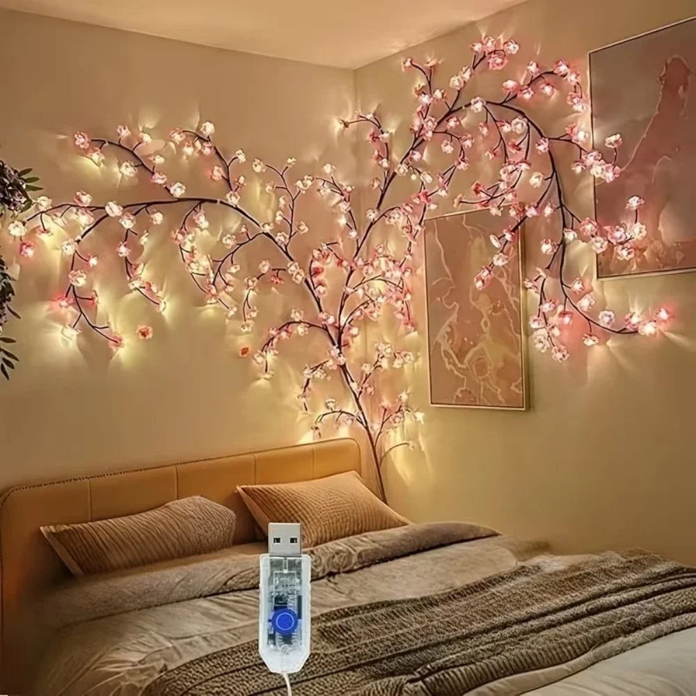 72/96/144 LED Cherry Blossom Branch Lights USB Pink Flower Fairy Lights Indoor Bedroom Wedding Garden Aesthetic Decor String