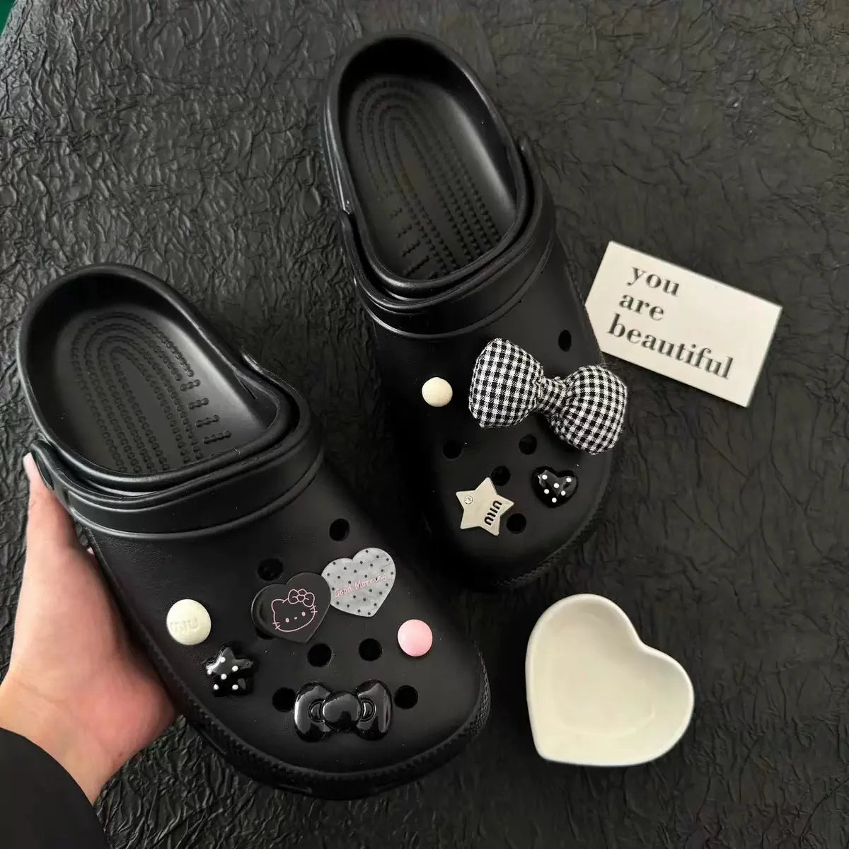 Sophisticated Black Hello Kitty Shoe Charms Cute Detachable DIY Accessories for Clogs Sandals Christmas Holiday Gifts Women Girl