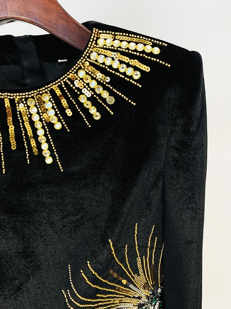 HIGH STREET Newest 2026 Designer Fashion Women's Long Sleeve Stunning Sequined Rhinestone Diamonds Beaded Velvet Dress
