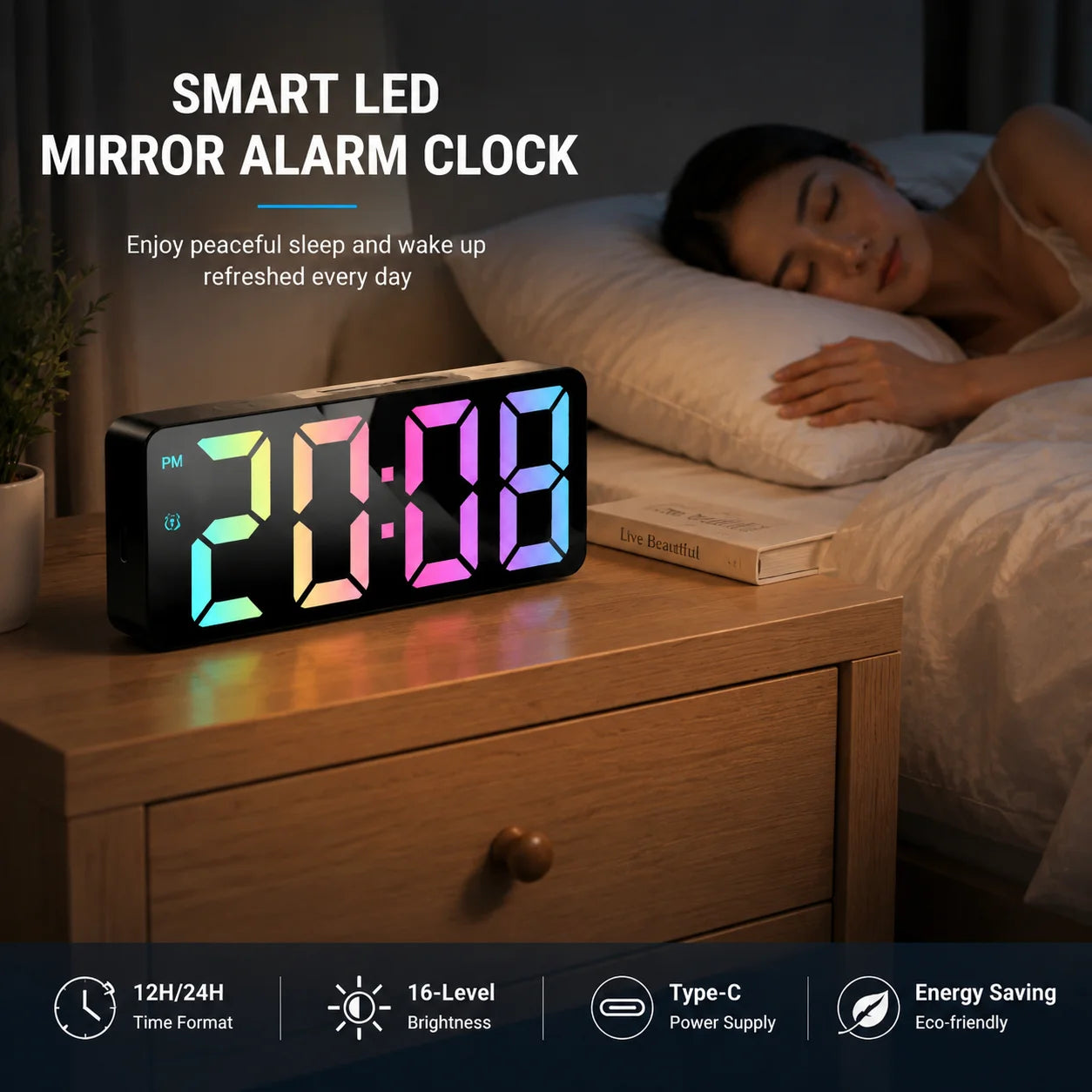 Modern LED Mirror Alarm Clock, Electronic Digital Clock, RGB Silent Non-ticking, Modern Bedroom Dorm Decor