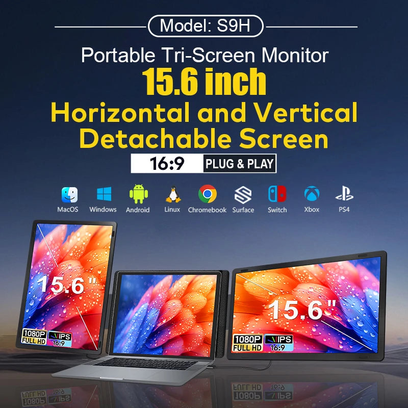 2025 New Laptop Screen Extender 15.6" Portable Monitor Triple Monitor with Dual Screen Plug & Play Gaming Monitor for Laptop