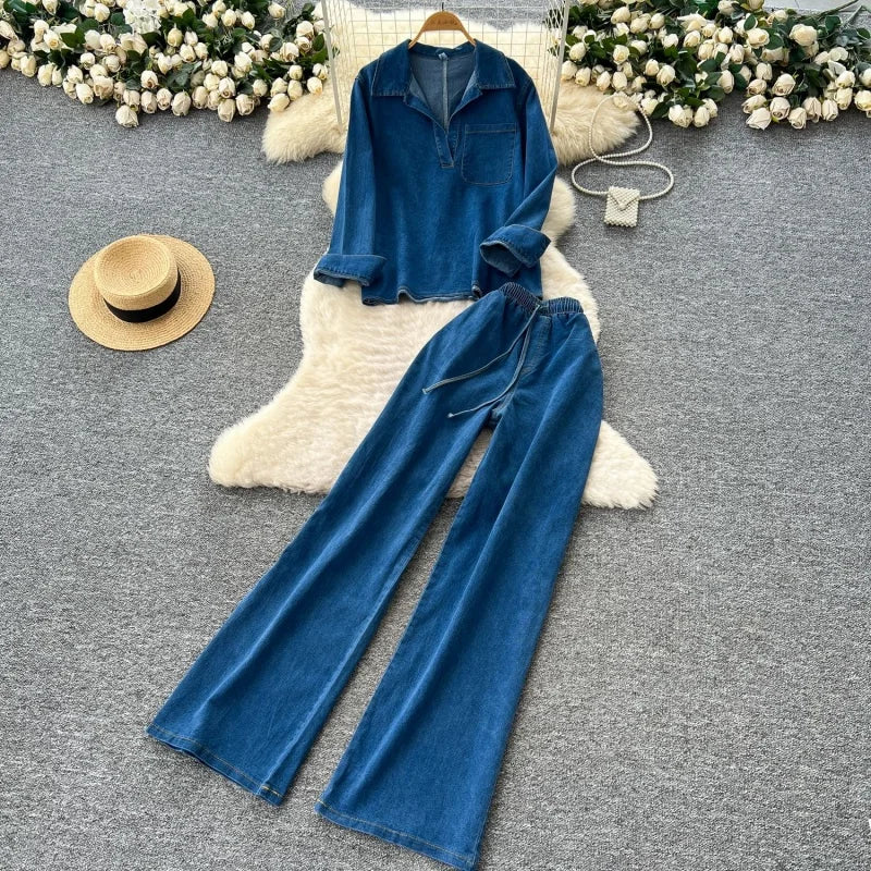 Vintage Denim 2 Piece Sets Women Outfit Spring Clothes Women 2026 Long Sleeve Shirt Top Straight Jeans Pant Set Cowboy Woman Set