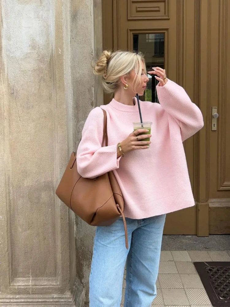 Women's Pink Knitted Sweater Cozy Long Sleeve Large Size Pull Knitwears Pullovers Cute Core Top White Fall 2025 New Streetwear