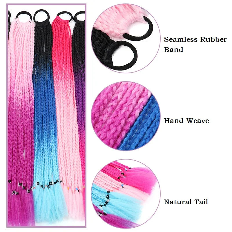 24Inch Synthetic Rainbow Braided Hairpieces Elastic Rubber Band Long Box Braid Ponytail Hair Extension for Women