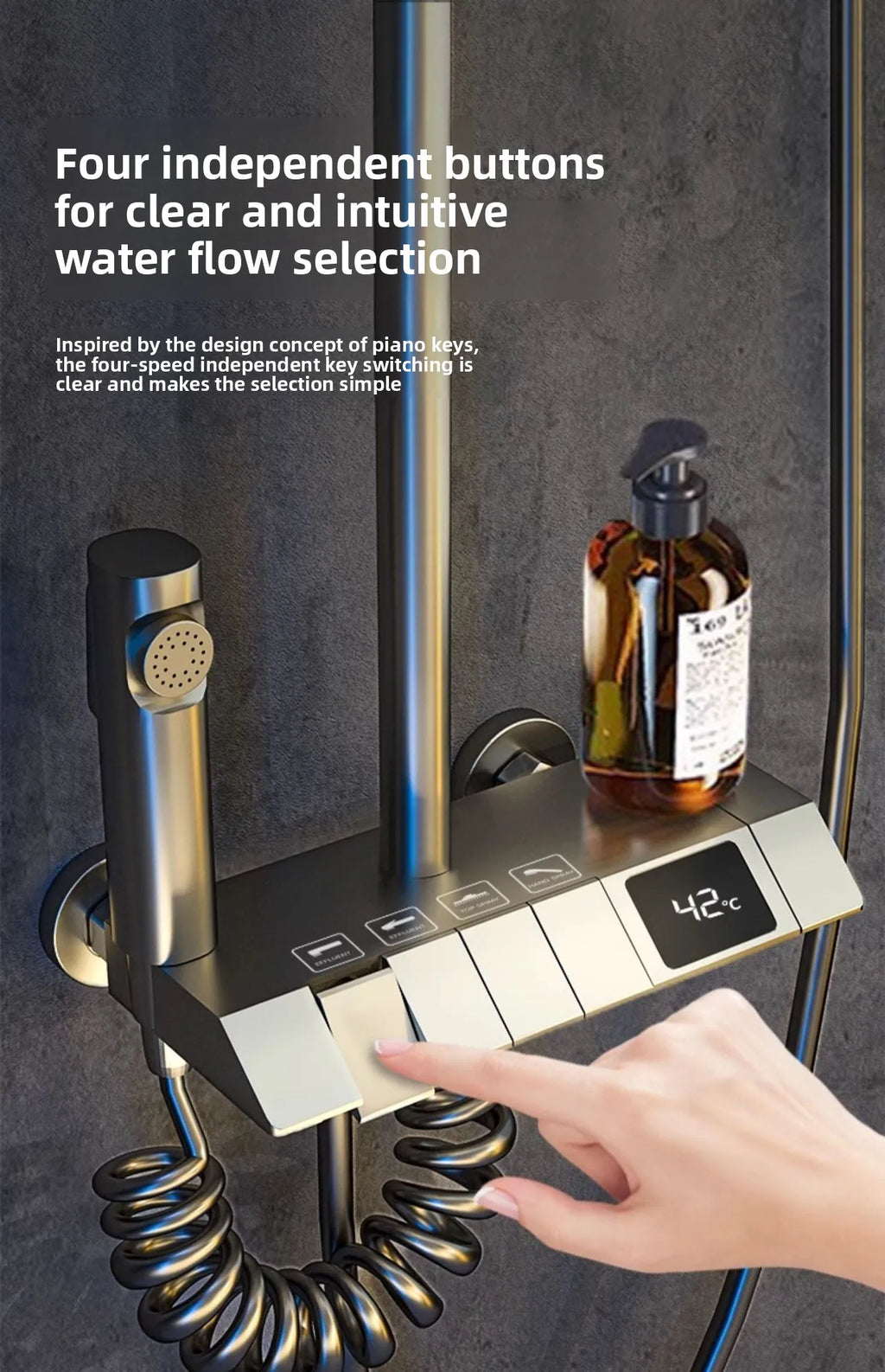 Luxury Shower System for Bathroom Wall Mount Smart Temperature Display Rainlfall Shower Faucet Set Piano Key 4 Ways Water Outlet
