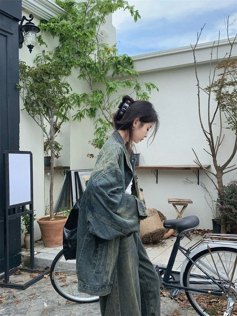 Vintage Washed Denim For Women Loose Fit Street Style Casual Biker With Retro Spring Autumn Layering Outerwear