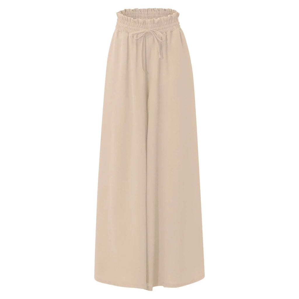 Summer Women Elastic High Waist Drawstring Solid Wide Leg Pants Loose Casual Flowy Pocket Trousers Female Daily Beach Long Pants