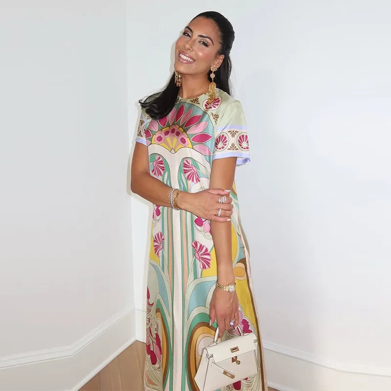 Printed Women's Dress Half Sleeve Round Neck Long Dress Tassel Hem Dress Daily Fashion Outfit Suitable for Date Party 2026