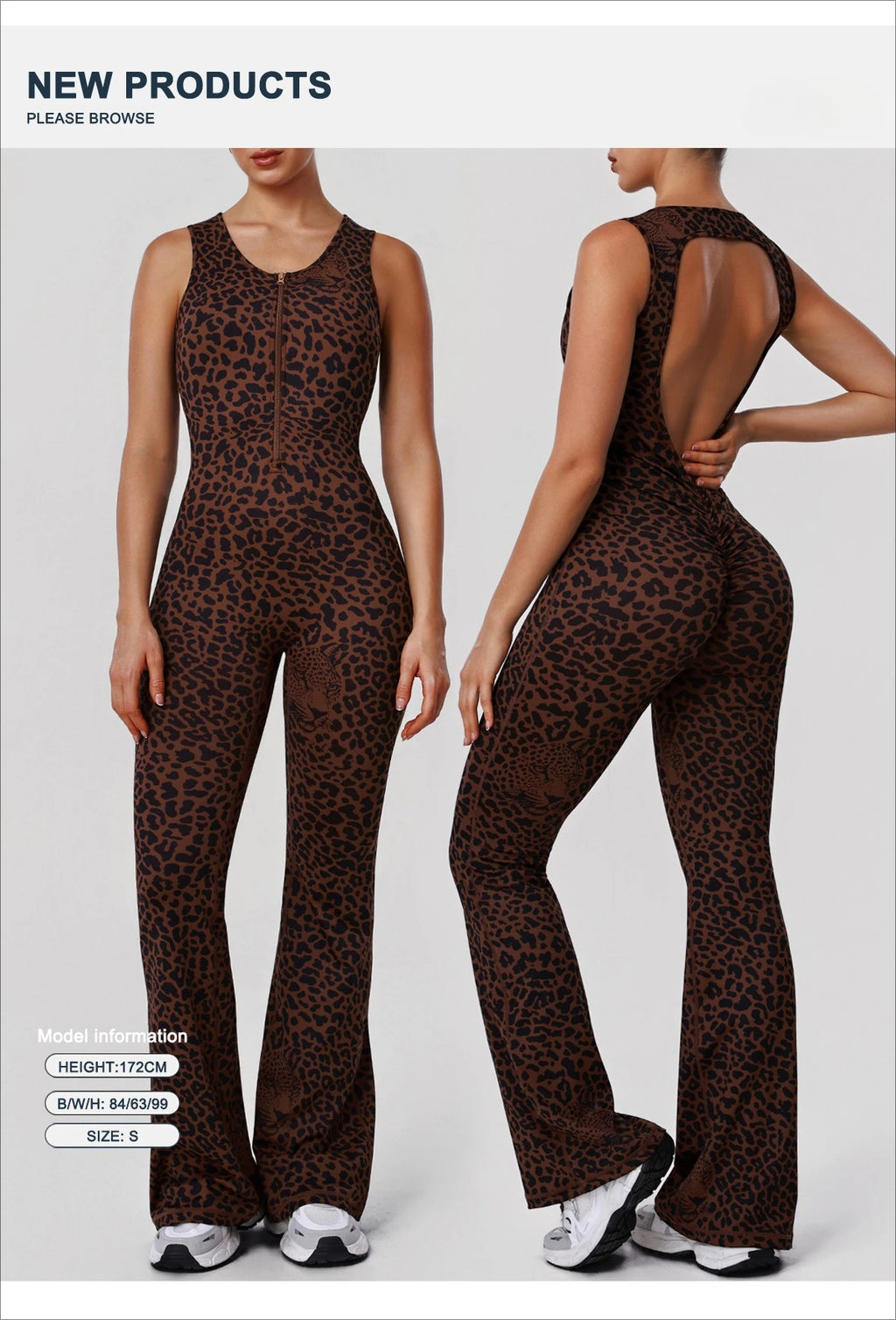Greenora Leopard Print Yoga Jumpsuit Sleeveless Backless Flare Romper High Waist Slimming Athletic Bodysuit for Workout Fitness