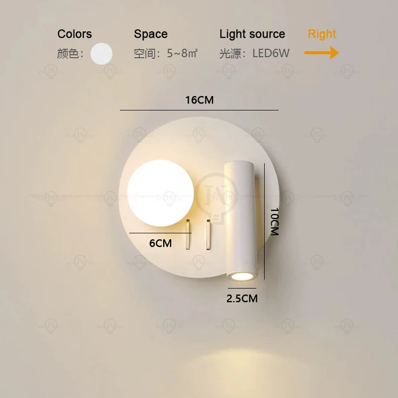 White wall lamp backlight 350 degree rotation adjustable wall lamp hotel bedroom bedside study reading desk lamp with switch