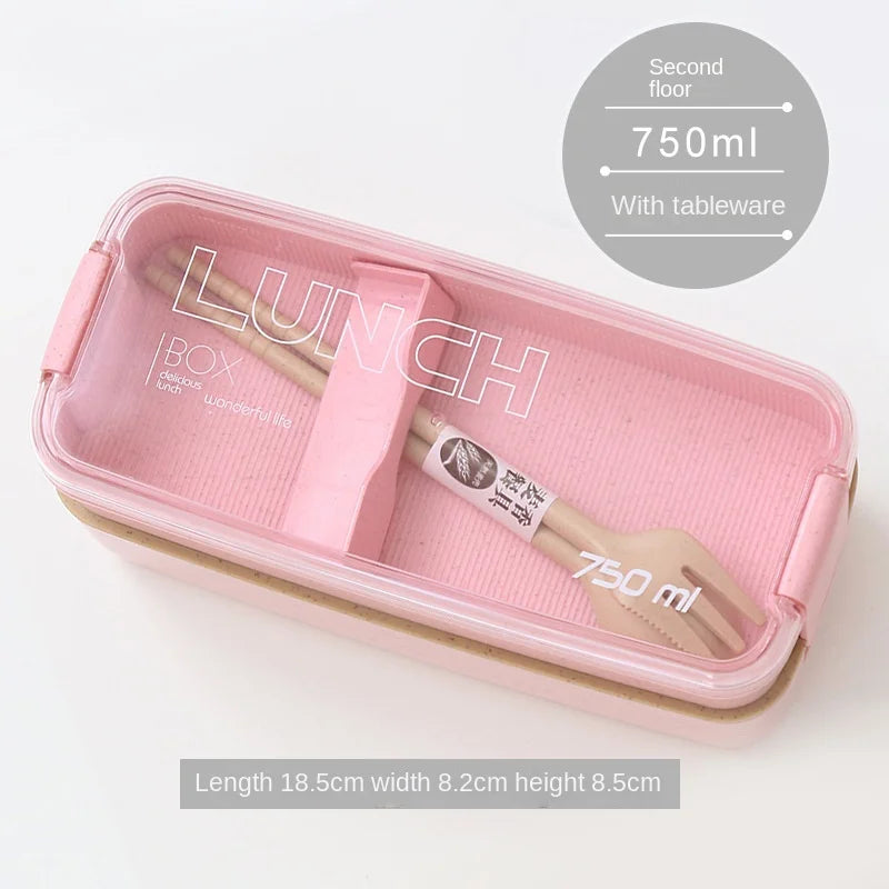 Wheat Straw Lunch Box ，Stackable Bento Box Microwave Dinnerware Food Storage Container with Spoon Fork For Student Work，2 Layer