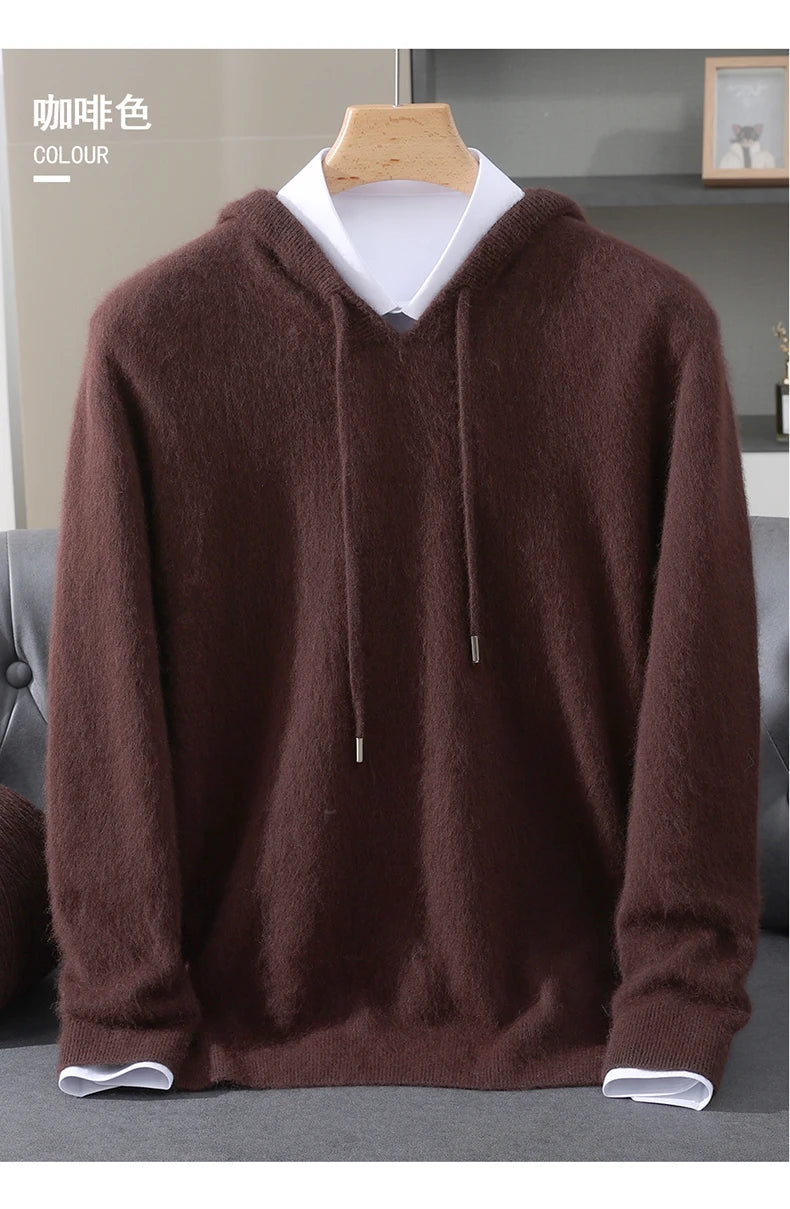 Autumn Winter New 100% Mink Cashmere Sweater Men's Solid Color Hooded Pullover Knitted Sweater Loose Casual Top For Outdoor Wear