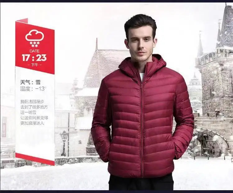 Down Cotton Coat Man 2025 Light Feathered Cotton Jacket Winter Slim Hooded Stand-Up Collar Solid Color Warm Clothing