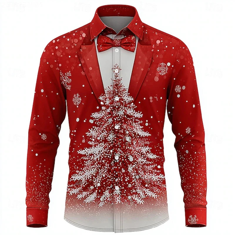 Red Christmas Shirts For Man Snowflake Bow Tie Christmas Shirt Long Sleeve Fashion Holiday Gift Shirt Oversized Mens Clothing