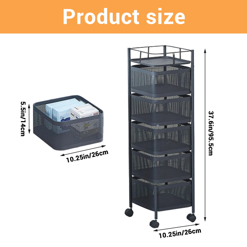 5-Tier Rolling Storage Cart with Rotating Baskets, Fruit & Vegetable Baskets Rotating Snack Rack for Kitchen Bathroom Craft Room