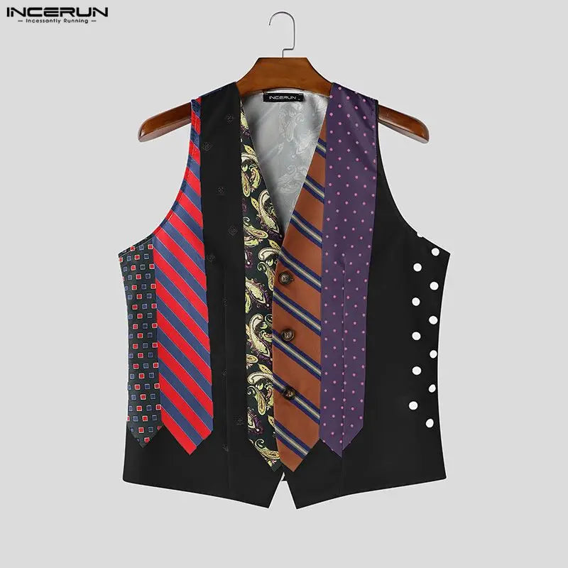 INCERUN Men's Vests Tie Printing V Neck Sleeveless Vintage Casual Male Waistcoats Streetwear Fashion Men Clothes Vests For Man