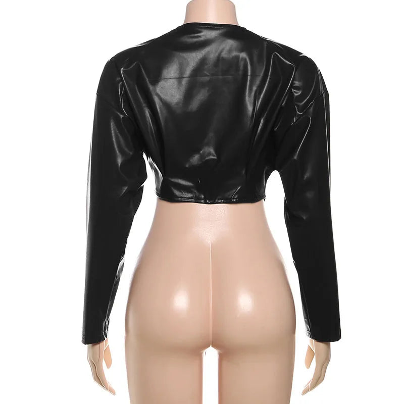 Joskaa 2025 Fall Women's PU Leather Jackets Fashion Solid Lapel Full Sleeve Slim Irregular Crop Coats Outerwear Y2K Streetwear