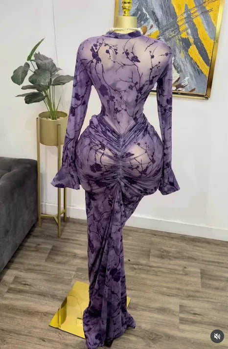 CM.YAYA 2025 Fall Women Long Sleeve Stacked Mesh See Though with Lining Bodycon Long Dress Evening Birthday Sexy Party Dresses