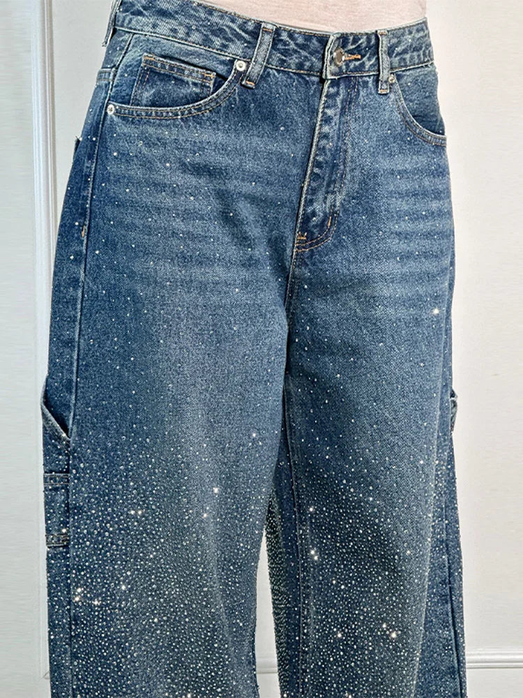Rhinestone Wide Leg Lady Jeans Diamonds Denim Straigt High Waist Zipper Female Pants 2025 Fashion Pockets Street Lady Trouser