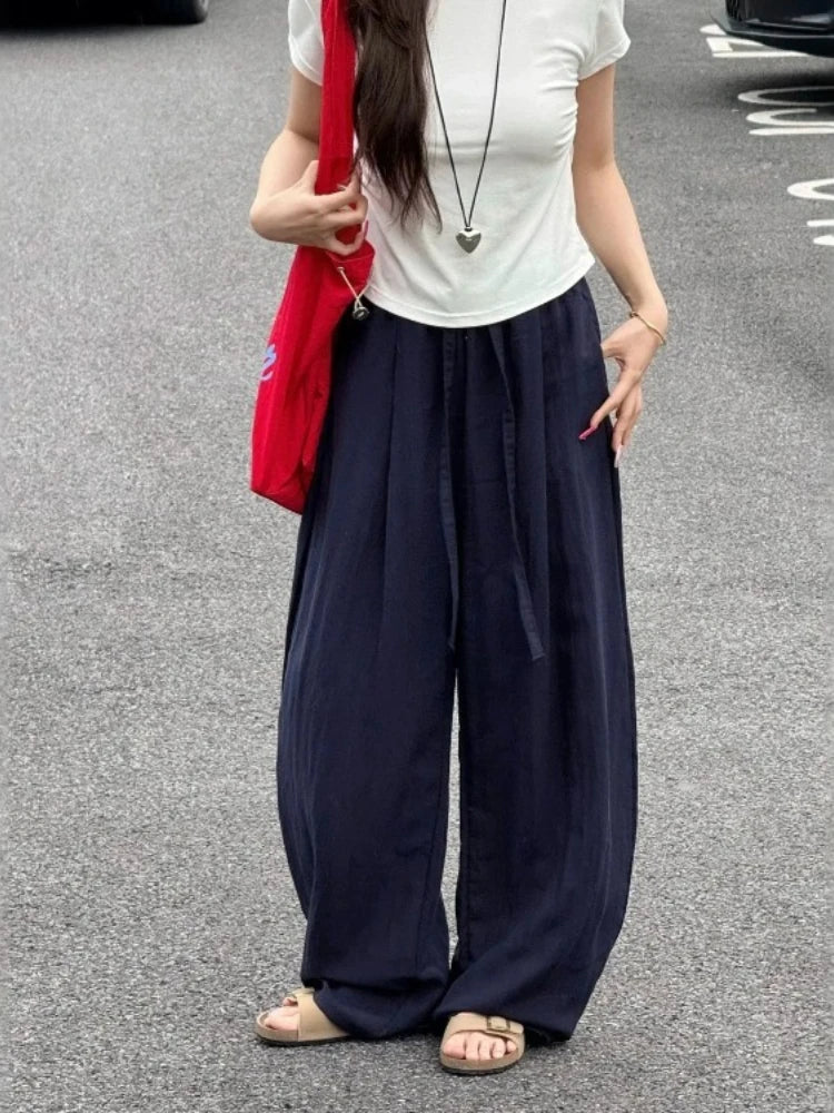 Loose Casual Cotton Linen Trousers Women Full Length Drawstring Women's Wide-leg Pants Summer Thin Linen Navy Blue Baggy Pants