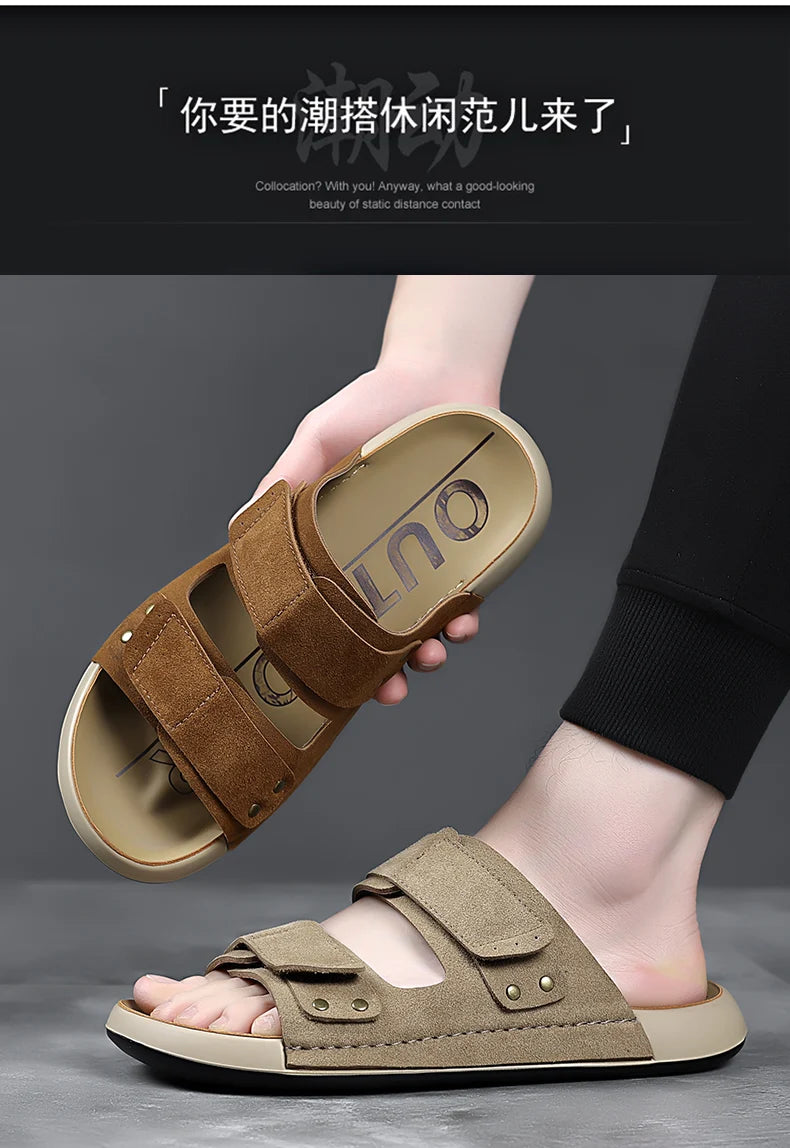 2026 Mens Sandals Slip On Leather Casual Couple Shoes For Men Soft Comfortable Mens Summer Shoes Handmade Men Outdoor Slippers