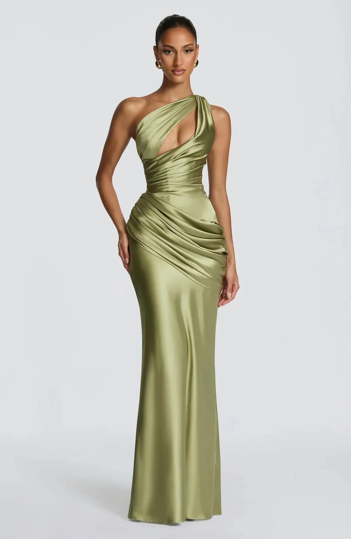 Women Satin One Shoulder Cutout Maxi Dress Elegant Green Ruched Mermaid Slim Fit Flowy Vestido 2026 Lady Summer Evening Dresses