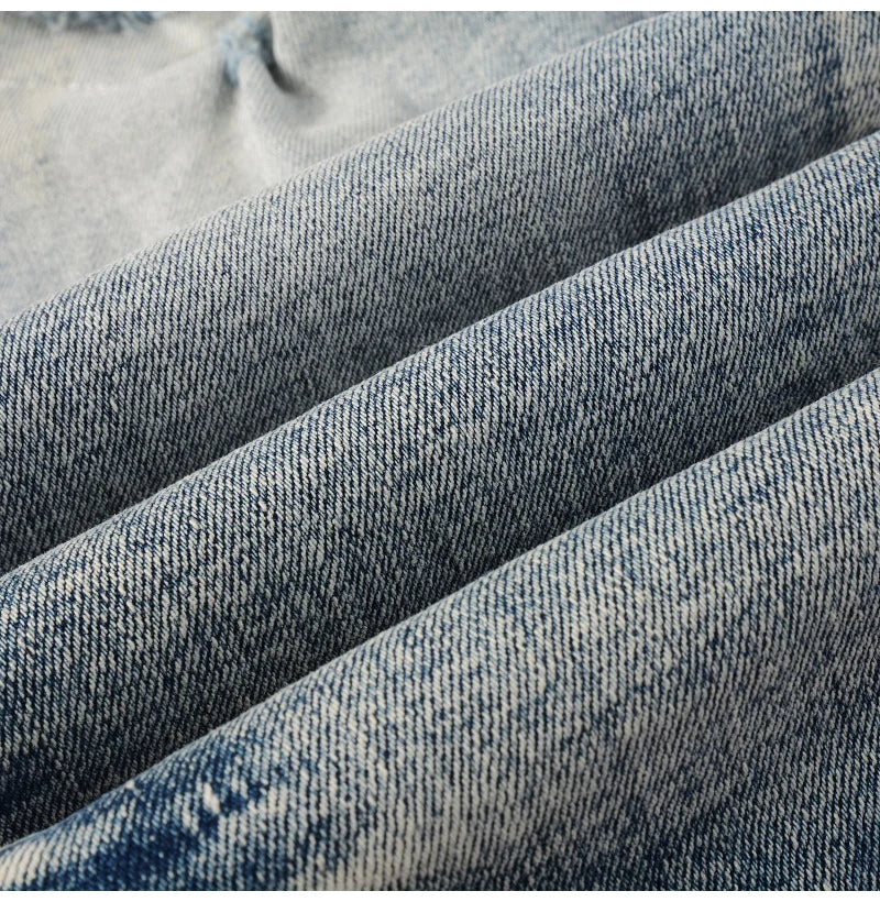 Men Paisley Bandana Print Patch Jeans Streetwear High Stretch Denim Pants Holes Ripped Patchwork Skinny Tapered Trousers
